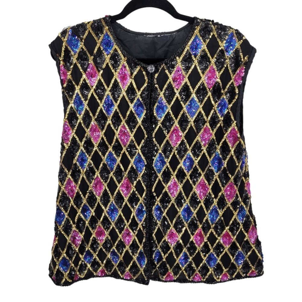 Vintage sequin 80s glam multicolor sleeveless hook and eye dressy blouse